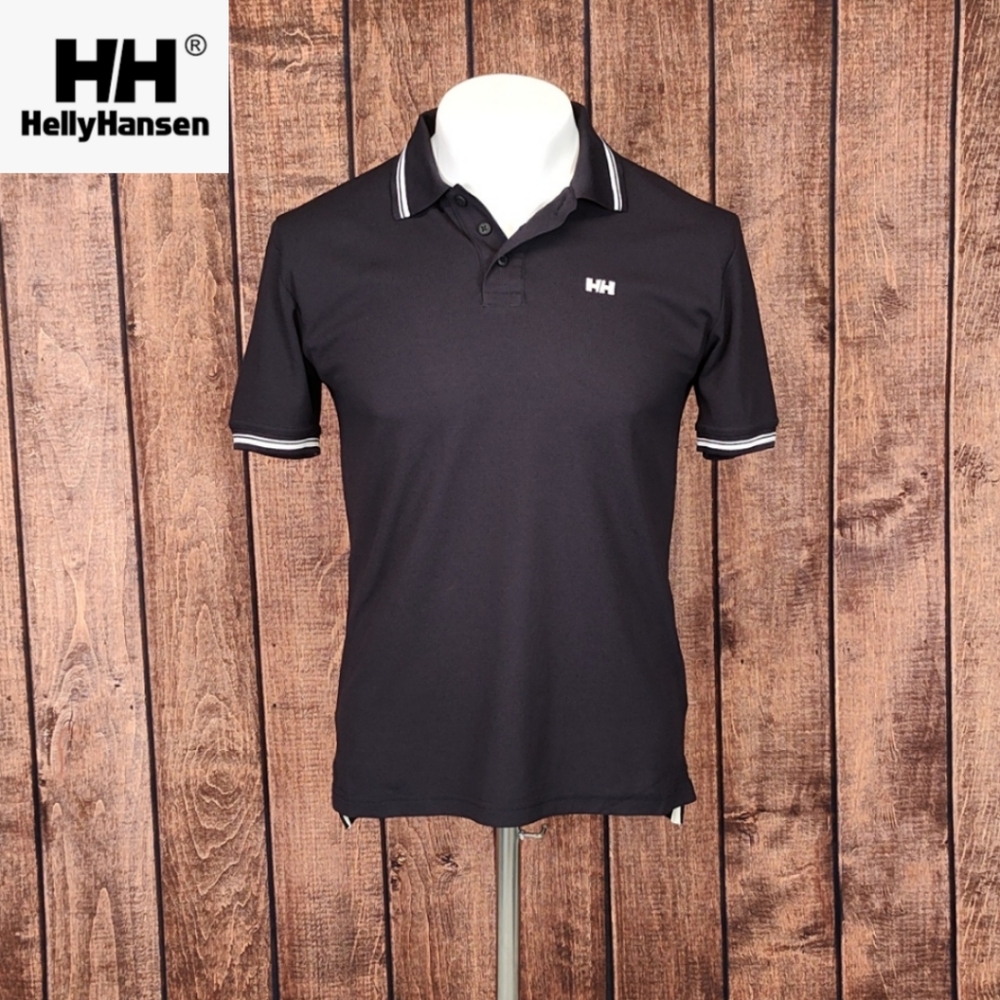 NWOT Helly Hansen Black Genova White Tipped Point Men's Polo Embroidered Logo